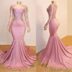 Long Sleeves Round Collar Mermaid Prom Dress Sequins Pink Long Chiffon