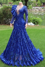 Long Sleeves Royal Blue Mermaid Ruffles V-Neck Floor Length Prom Dresses