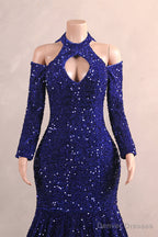 Long Sleeves Royal Blue Prom Dresses Sequin Mermaid Long Dress