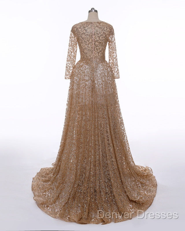 Long Sleeves Sequin Gold Mermaid Prom Dress