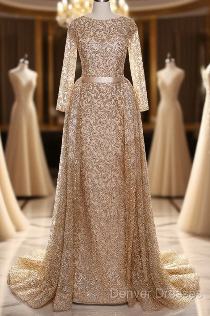 Long Sleeves Sequin Gold Mermaid Prom Dress