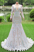 Long Sleeves Sequins Mermaid Prom Dresses Iridescent Shower Party V Neck Evening Dress Chapel Train