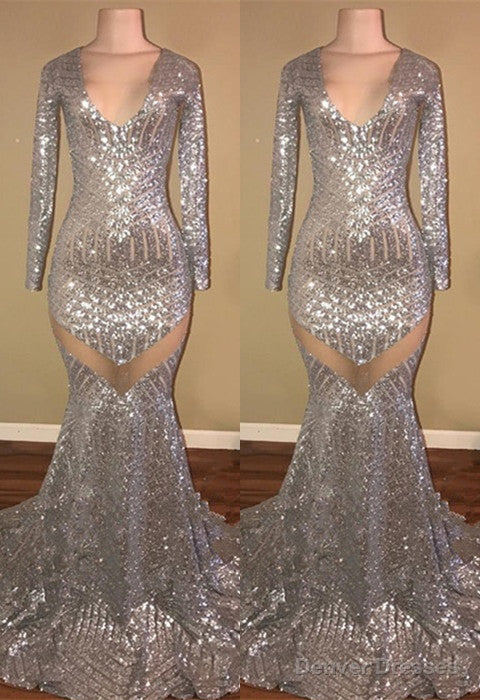 Long Sleeves Sequins Prom Party Gowns| Mermaid V-Neck Evening Gowns Secondary image