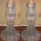Long Sleeves Sequins Prom Party Gowns| Mermaid V-Neck Evening Gowns