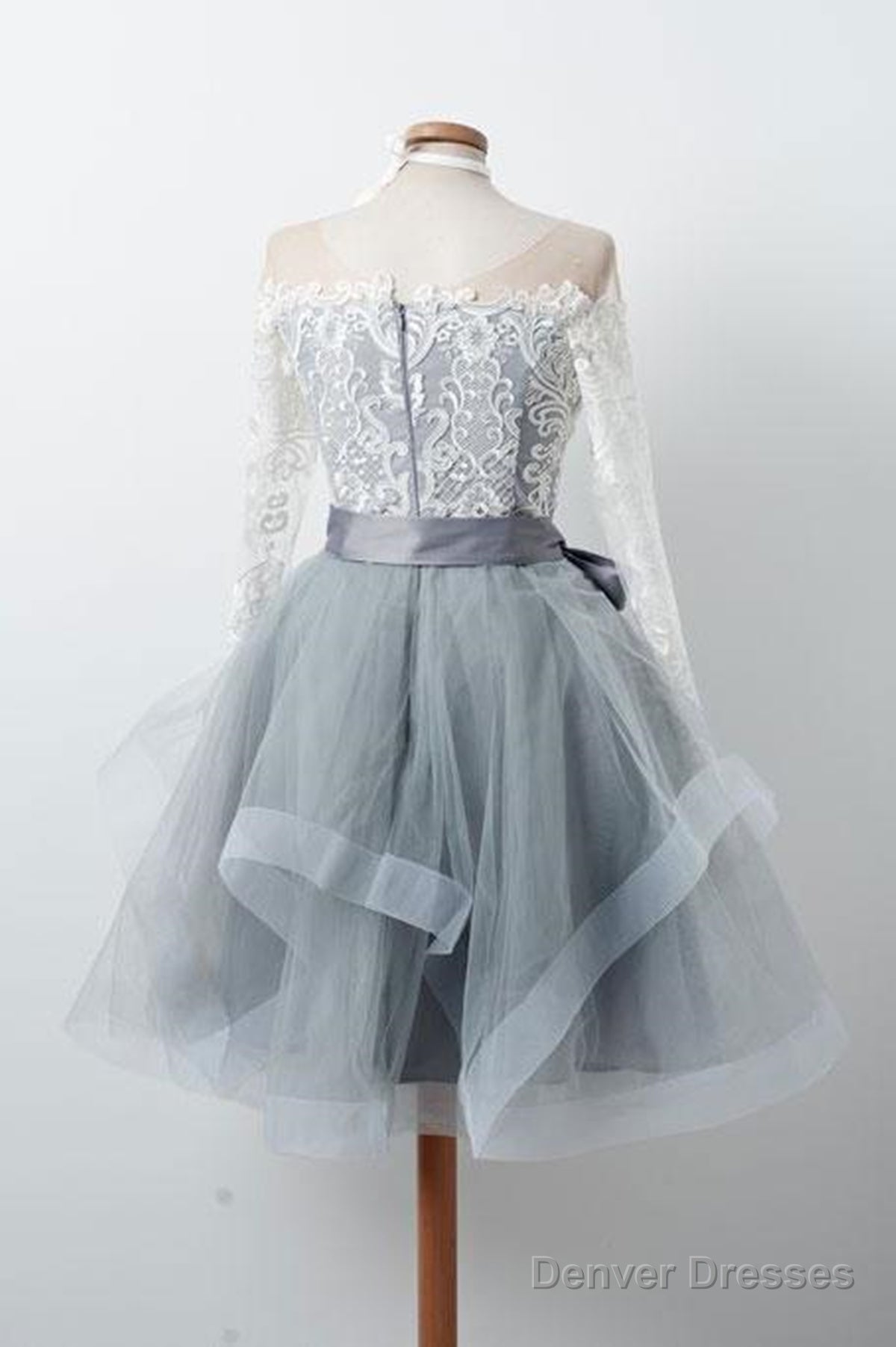 Long Sleeves Short Gray Prom Dress With White Lace, Long Sleeves Short Lace Graduation Homecoming Dresses Secondary image