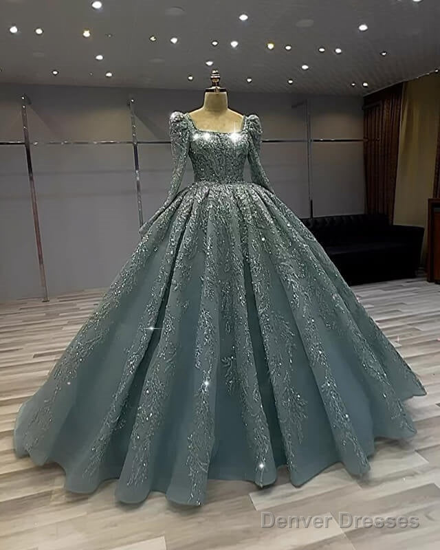 Long Sleeves Square Neck Ball Gown Sage Dress Main image