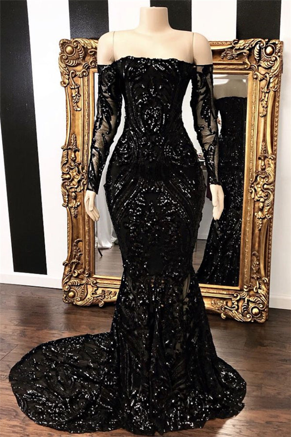 Long Sleeves Strpless Mermaid Prom Dress Black Sequins Long