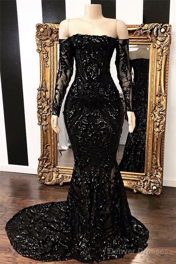 Long Sleeves Strpless Mermaid Prom Dress Black Sequins Long Main image