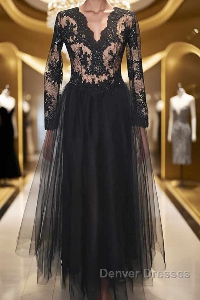 Long Sleeves V Neck Black Lace Long Prom Dress, Long Sleeves Black Formal Dress, Black Lace Evening Dress Main image
