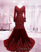 Long Sleeves V-neck Lace Prom Mermaid Dress,Women Evening Dress