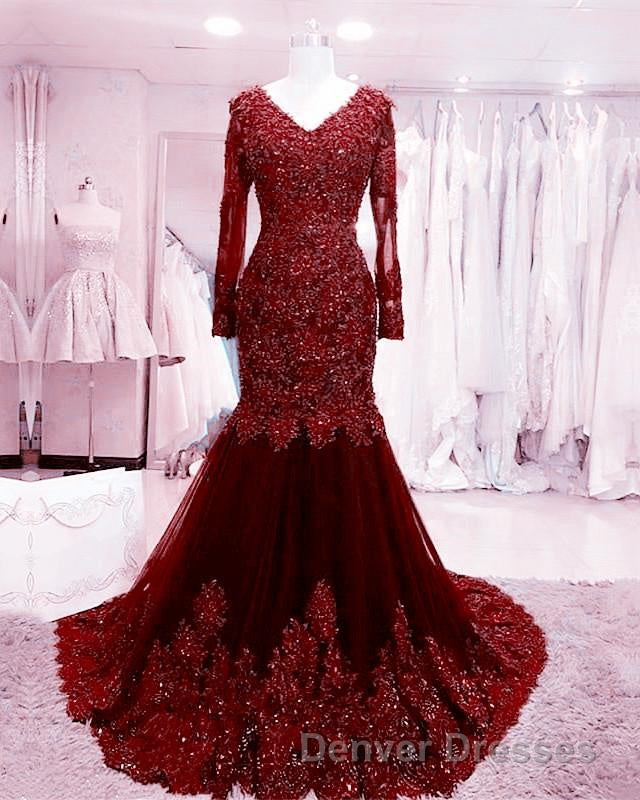 Long Sleeves V-neck Lace Prom Mermaid Dress,Women Evening Dress