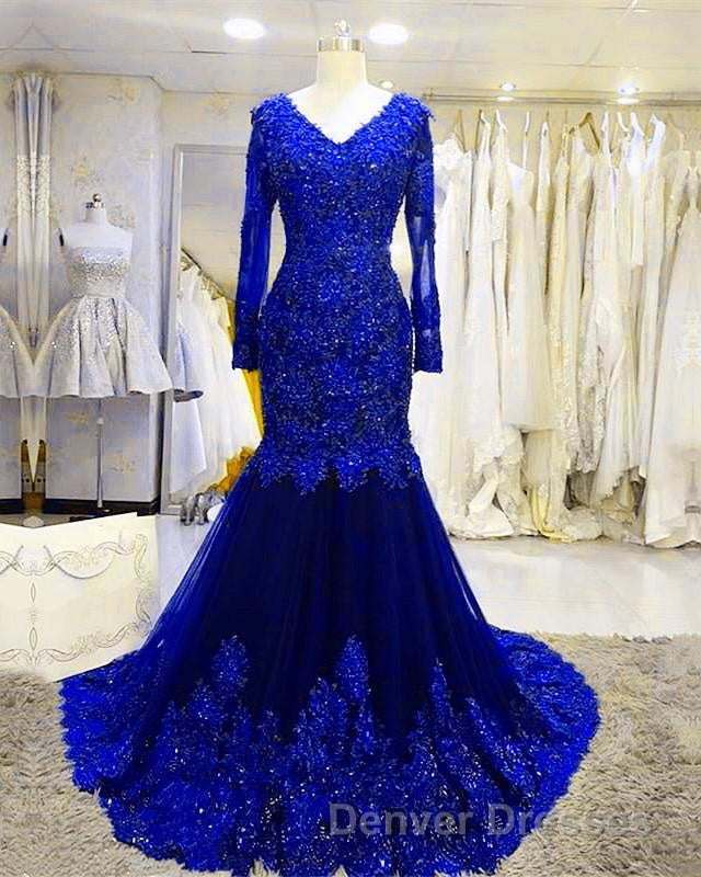 Long Sleeves V-neck Lace Prom Mermaid Dress,Women Evening Dress