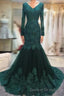 Long Sleeves V-neck Lace Prom Mermaid Dress,Women Evening Dress