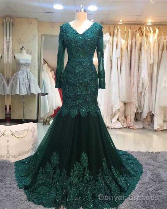 Long Sleeves V-Neck Lace Prom Mermaid Dresses Main image