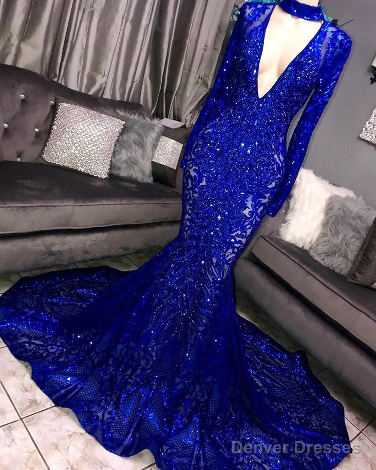 Long Sleeves V-neck Mermaid Prom Dress Sequins Long Chiffon Red Royal Blue Main image