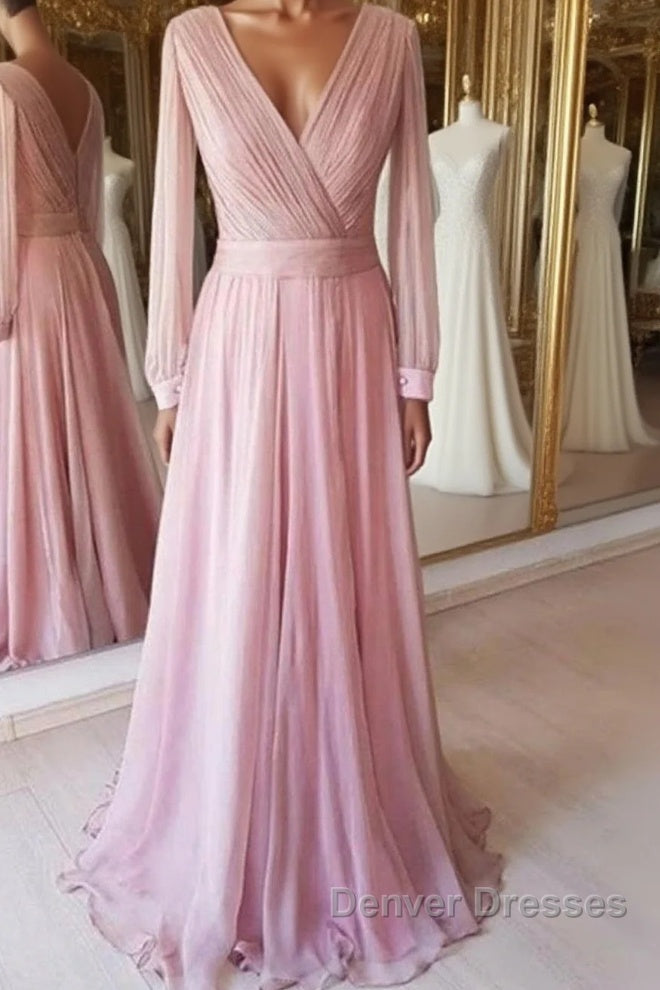 Long Sleeves V Neck Pink Chiffon Long Prom Dress, Long Sleeves Pink Bridesmaid Dress, Pink Formal Evening Dress Main image