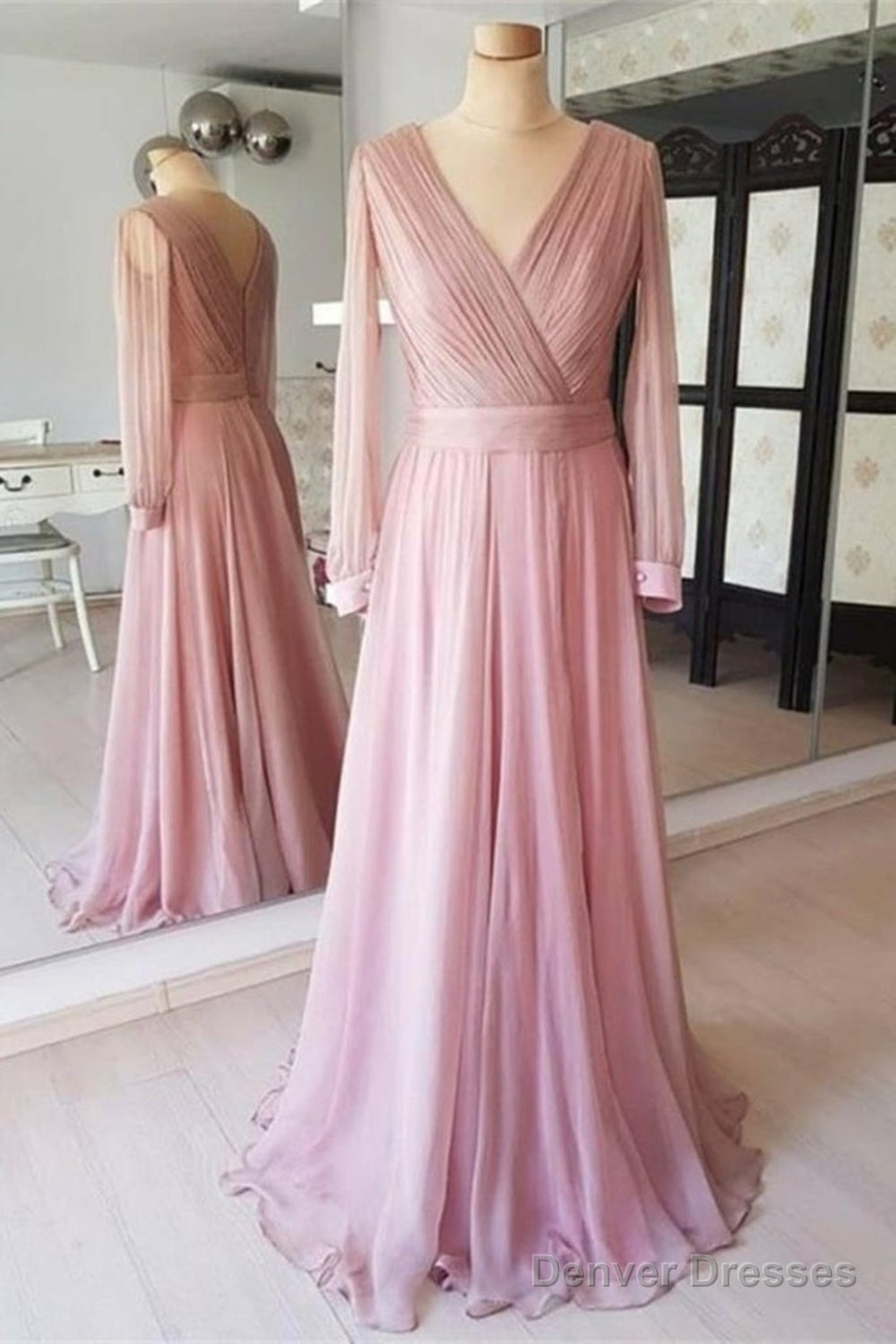 Long Sleeves V Neck Pink Chiffon Long Prom Dress, Long Sleeves Pink Bridesmaid Dress, Pink Formal Evening Dress A1374