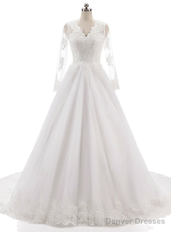 Long Sleeves V Neckline Backless Lace Appliques Wedding Gowns