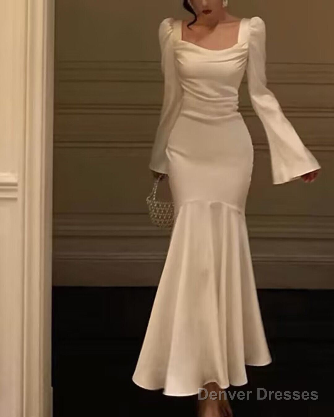 Long Sleeves White Mermaid Long Prom Dress Elegant Evening Party Gown Main image
