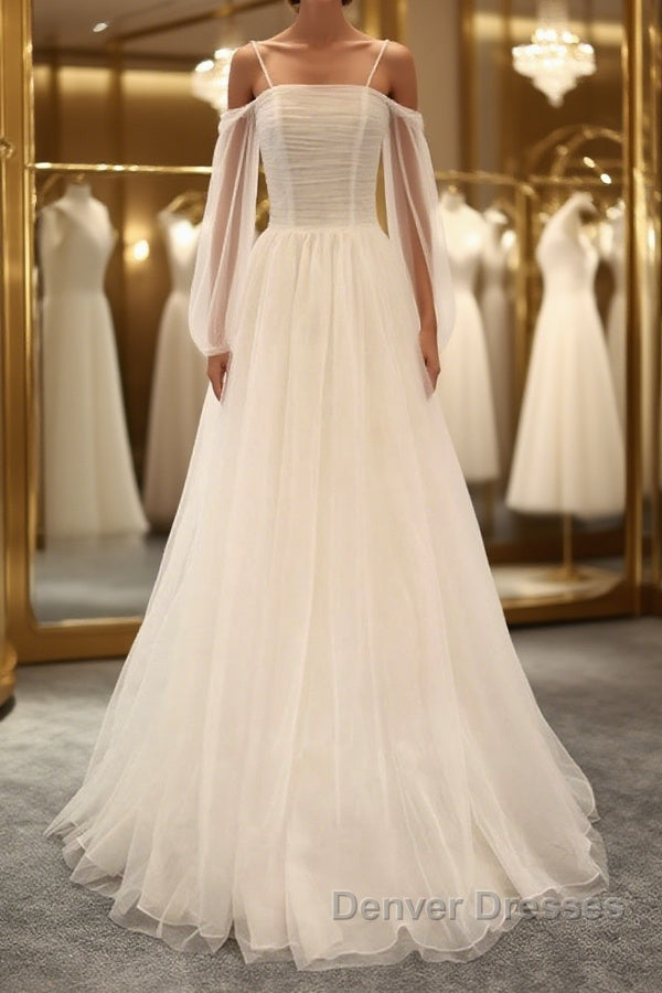Long Sleeves White Tulle Prom Wedding Dress, Long Sleeves White Tulle Formal Evening Dress Main image