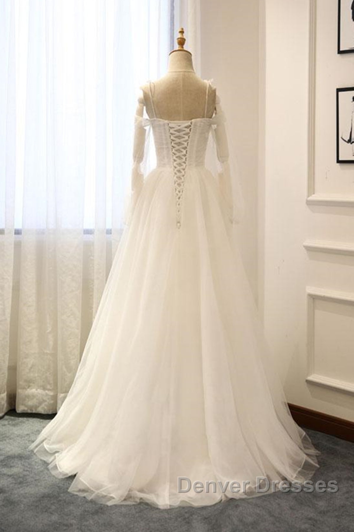 Long Sleeves White Tulle Prom Wedding Dress, Long Sleeves White Tulle Formal Evening Dress
