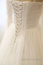 Long Sleeves White Tulle Prom Wedding Dress, Long Sleeves White Tulle Formal Evening Dress