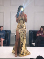 Long Spaghetti Straps Mermaid Slit Prom Dress, Long Prom Dress