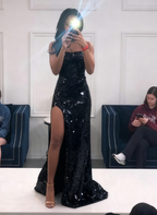 Long Spaghetti Straps Mermaid Slit Prom Dress, Long Prom Dress