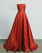 Long Strapless Burnt Orange Satin Dresses