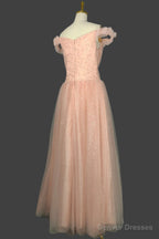 Long Straps A-line Prom Dresses Tulle Off Shoulder Evening Dresses