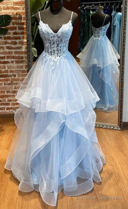 Long Straps Tiered Blue Prom Dresses Lace Tulle Main image