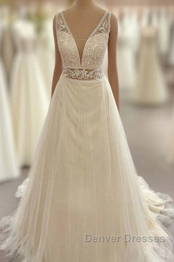 Long Sweetheart A-Line Tulle Appliques Lace Wedding Dress Main image