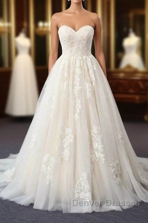 Long Sweetheart Backless Appliques Lace Tulle A-Line Wedding Dress Main image