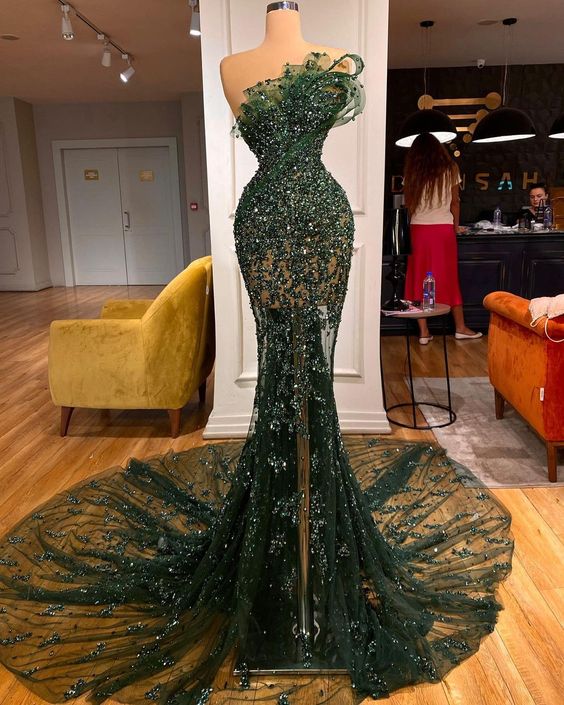 Long Train Strapless Green Party Dress Arabic Mermaid Formal Evening Gowns For Women