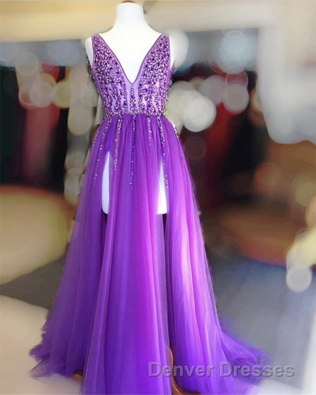 Long Tulle V-neck Prom Dress Sequin Beaded Evening Gowns