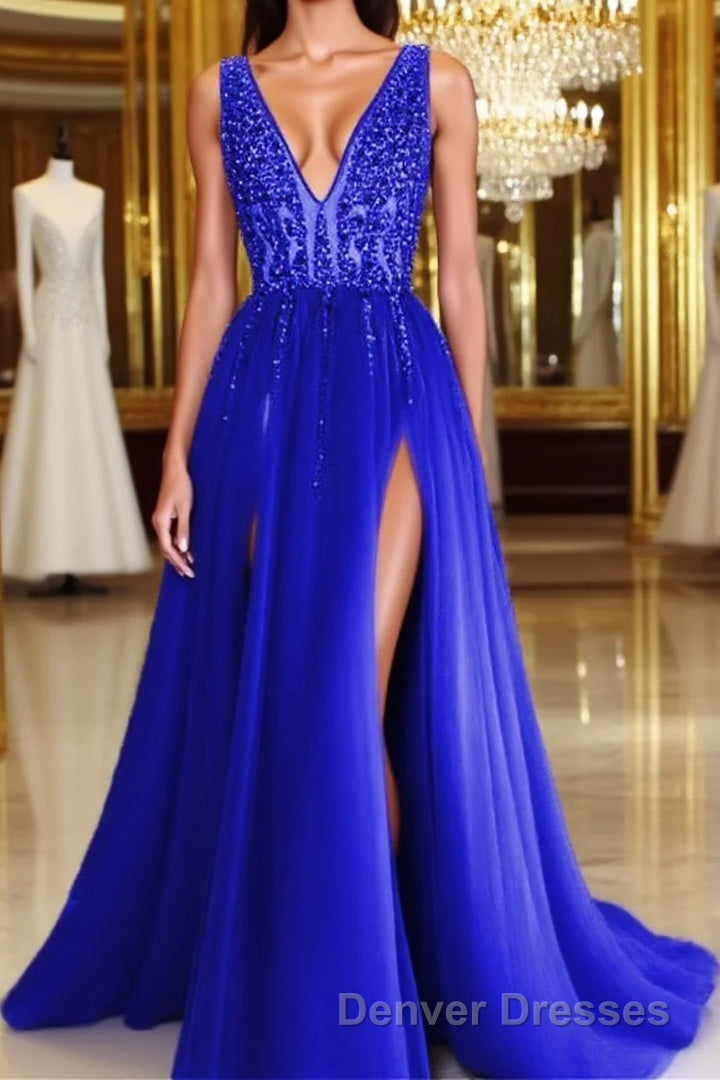 Long Tulle V-neck Prom Dress Sequin Beaded Evening Gowns Main image