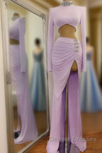 Long Two Piece Mermaid High Neck Split Prom Dress with Sleeves