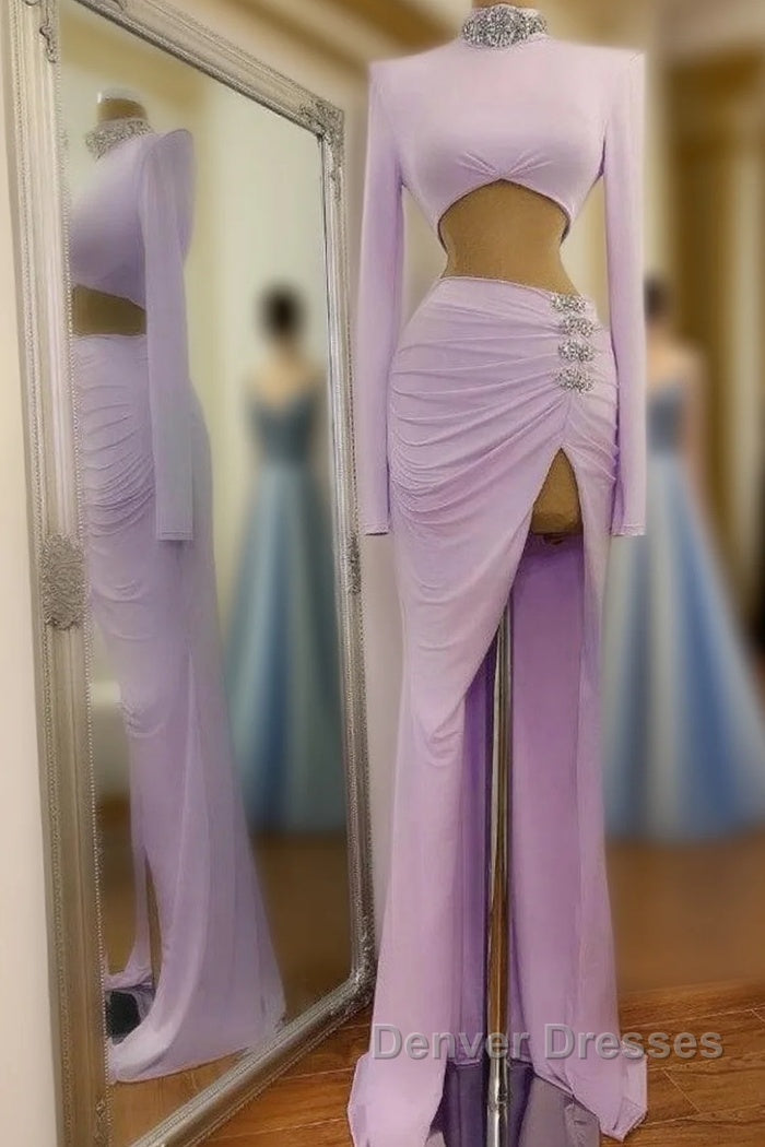 Long Two Piece Mermaid High Neck Split Prom Dress with Sleeves