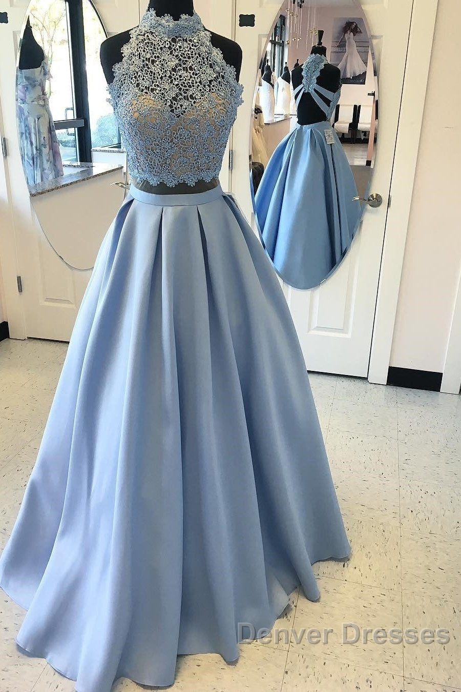Long Two Piece Prom Dress Lace High Neck Open Back Secondary image