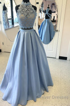 Long Two Piece Prom Dress Lace High Neck Open Back