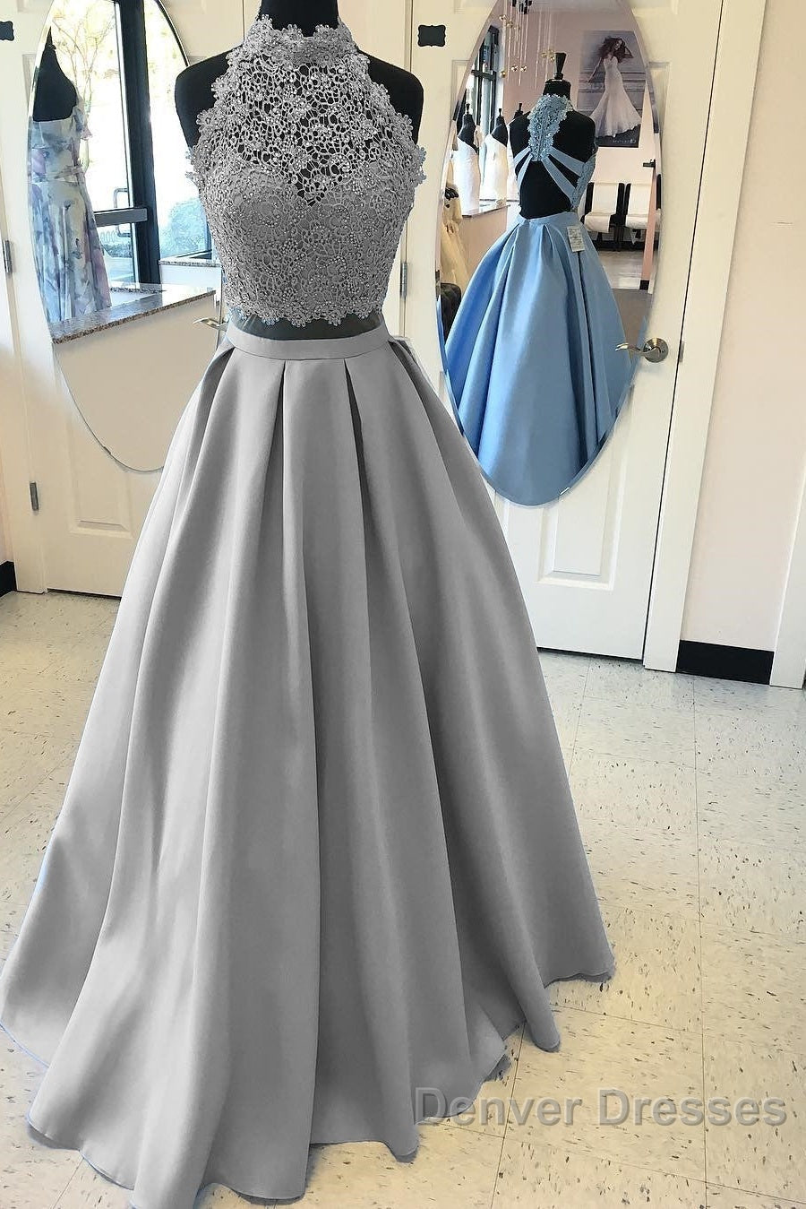 Long Two Piece Prom Dress Lace High Neck Open Back
