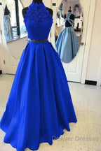 Long Two Piece Prom Dress Lace High Neck Open Back