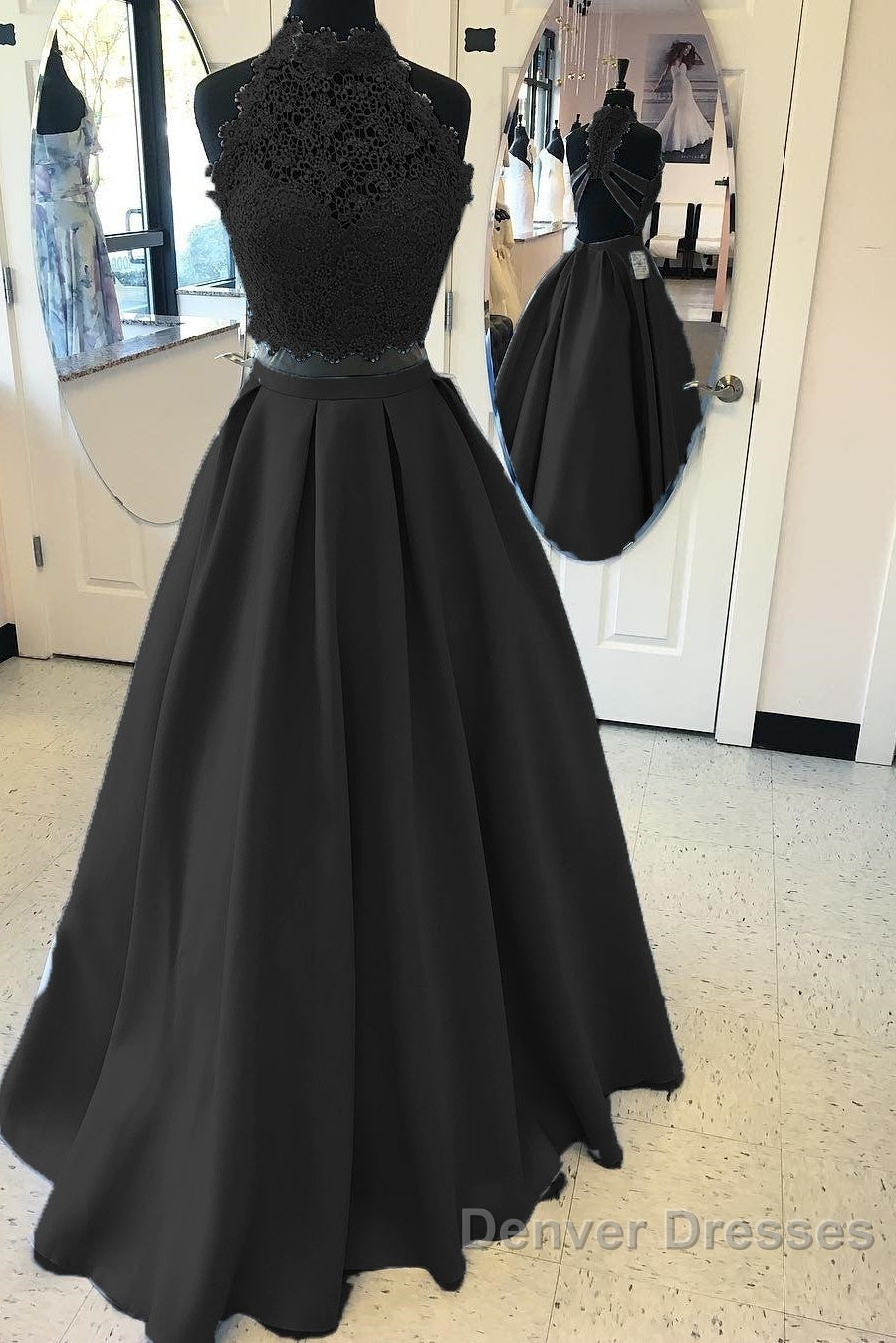 Long Two Piece Prom Dress Lace High Neck Open Back