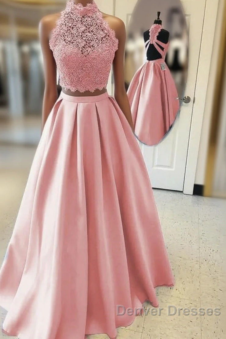 Long Two Piece Prom Dress Lace High Neck Open Back Main image