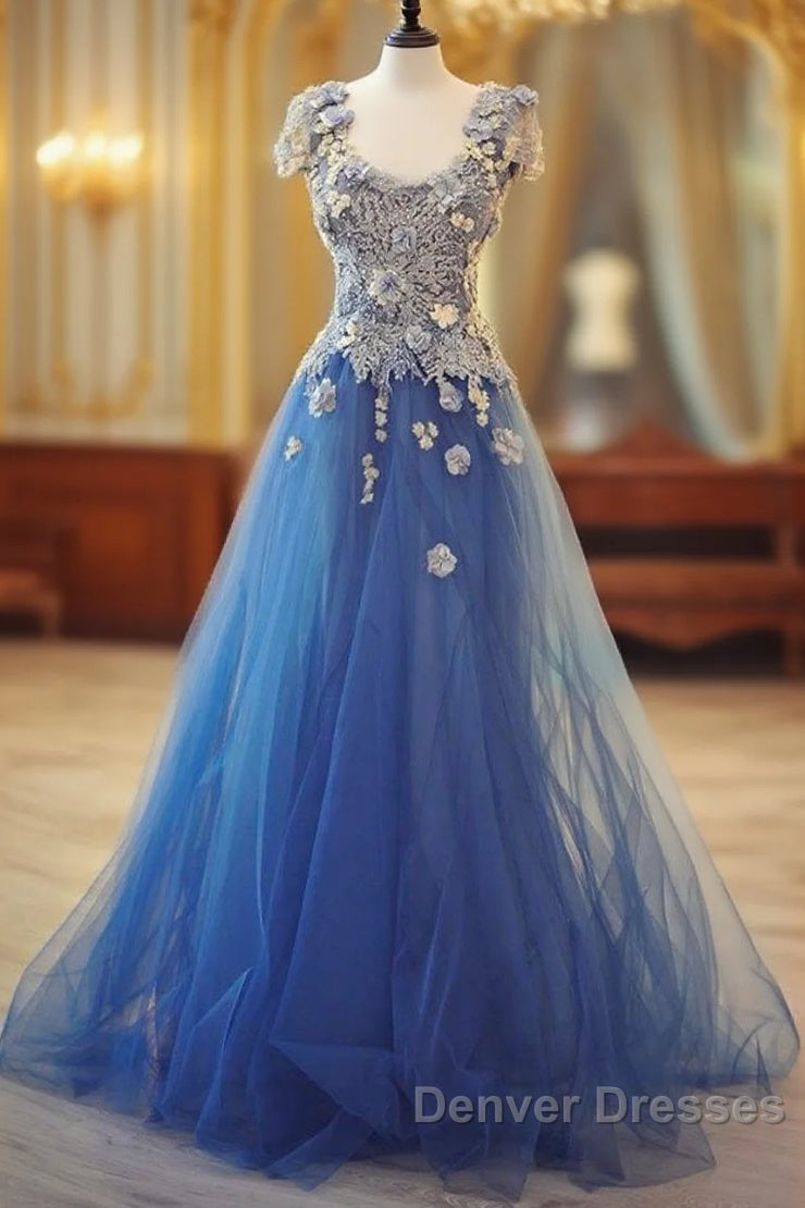 Long Unique Lace Applique Tulle Blue Prom Dress Main image