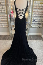 Long Velvet Black Prom Dress Straps Crystals V Neck Formal Dress Gowns