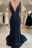 Long Velvet Black Prom Dress Straps Crystals V Neck Formal Dress Gowns