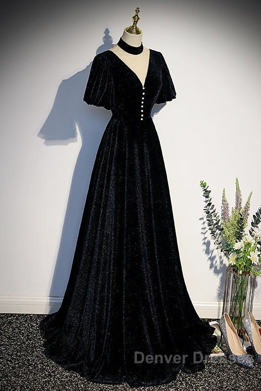 Long Velvet V-Neckline Floor Length Prom Dress, Black Evening Wedding Party Dress Secondary image