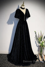 Long Velvet V-Neckline Floor Length Prom Dress, Black Evening Wedding Party Dress
