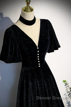 Long Velvet V-Neckline Floor Length Prom Dress, Black Evening Wedding Party Dress